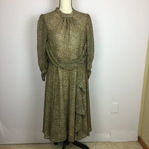 Vintage Emmy Midi Dress US Size 10 Womans Animal Print High Neck 3/4 Sleeve